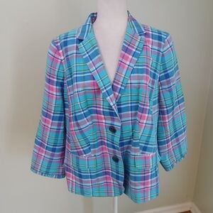 Talbots Madras Plaid Ruffle Sleeve Linen Blend Blazer